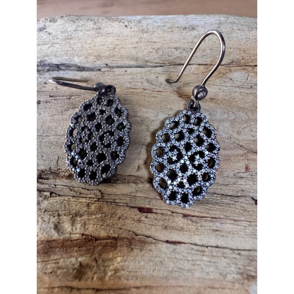Pandora Sterling Silver Pavé Lace Oval Dangle Earrings S925 ALE, Cubic Zirconia